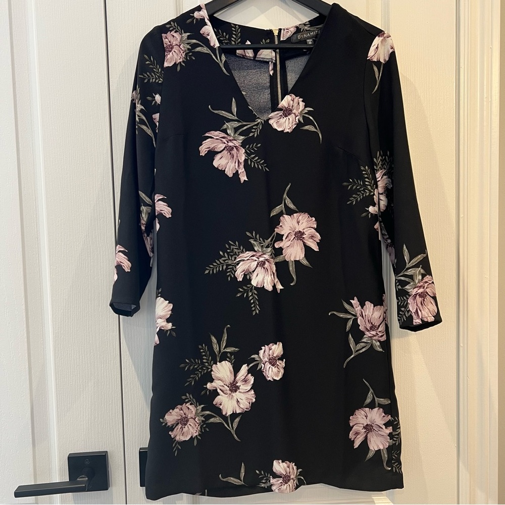 Dynamite Black Tunic Dress with Pink Floral Accents. 3/4 Sleeves